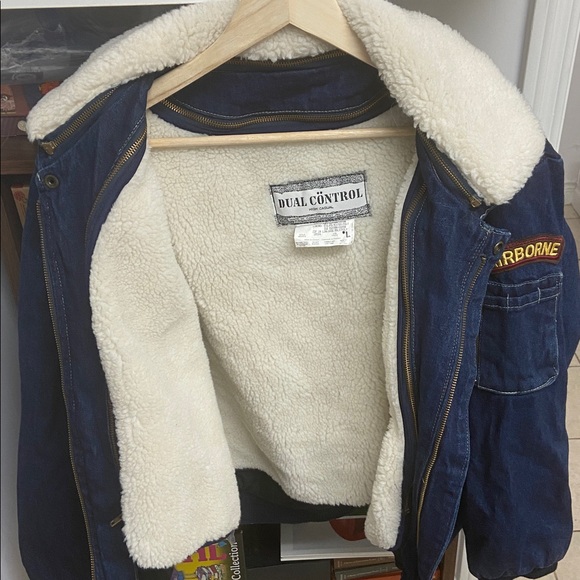 Vintage 1980’s Dual Control Denim Navy Sherpa Collar Bomber Jacket - Picture 4 of 12